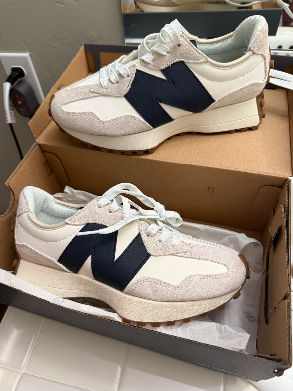 New Balance Women Cream and Navy Retro Runner Sneakers